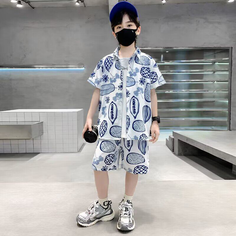 ins6岁时尚篮球流行夏季男童套装出游花衬衫短裤一套潮流新款休闲
