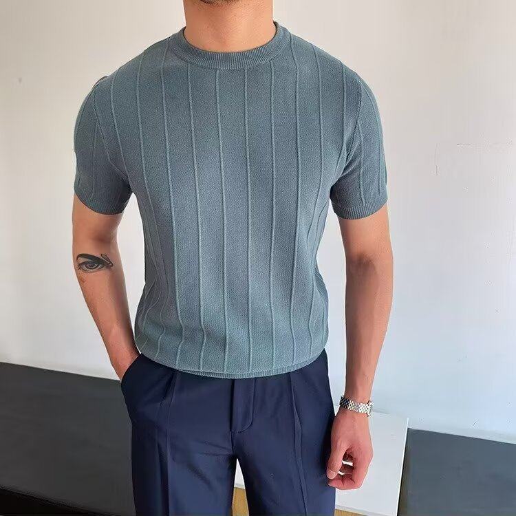 高级感新款2025针织衫ins圆领男士短袖男士t恤轻奢休闲夏季外穿