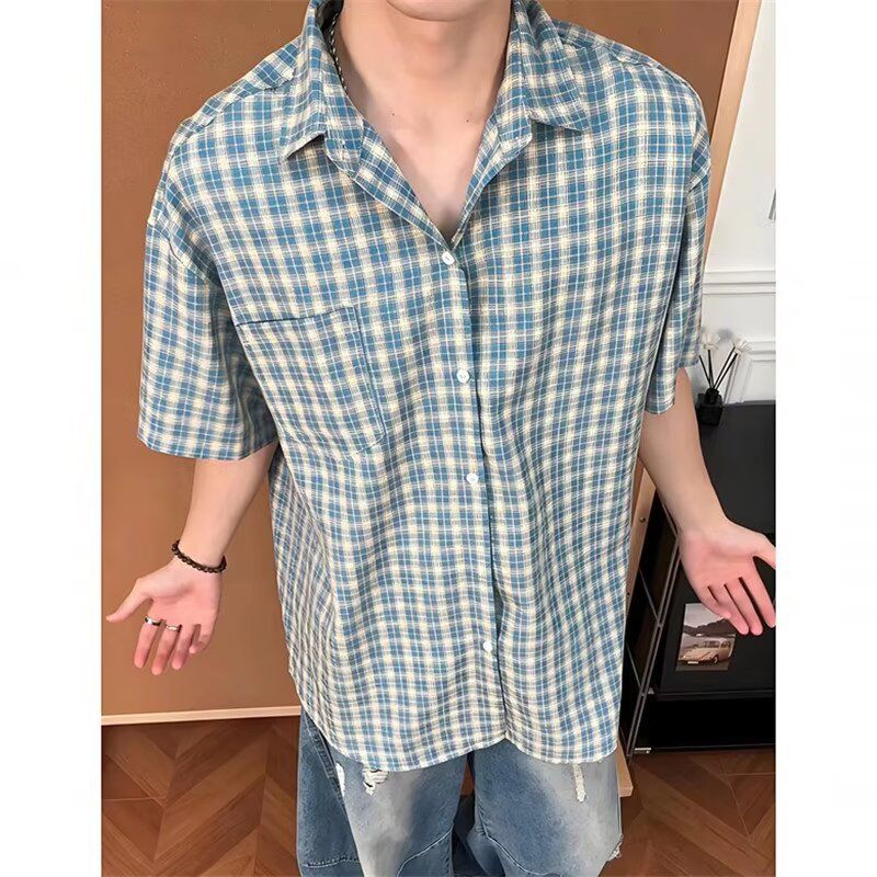学院风美式格子衬衣短袖男夏季新款阳光少年感宽松半袖衬衫潮