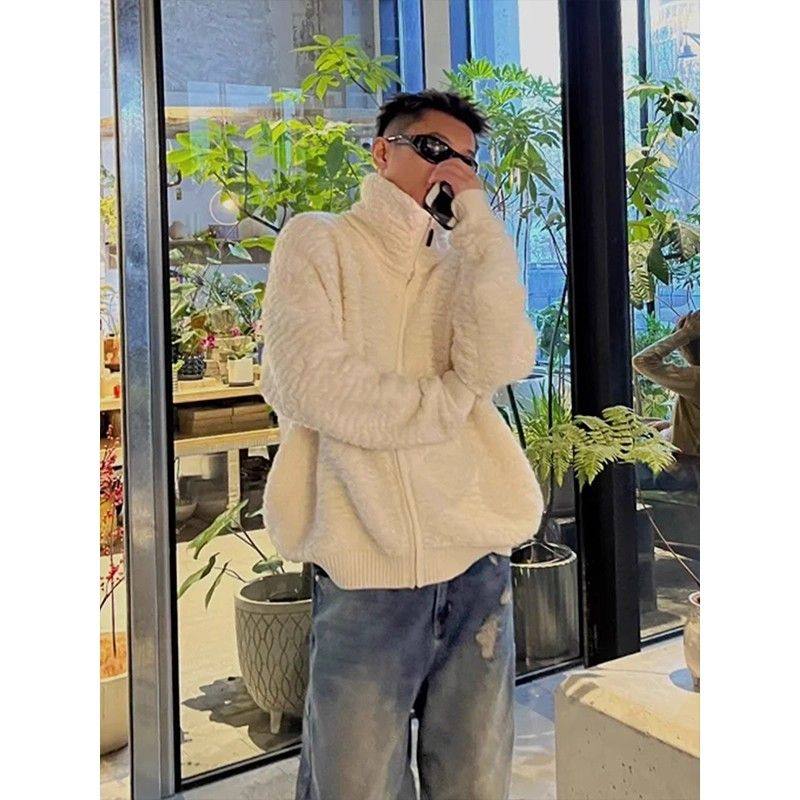 慵懒风纯色拉链毛衣男女糯百搭秋冬新款保暖情侣针织开衫外套休闲