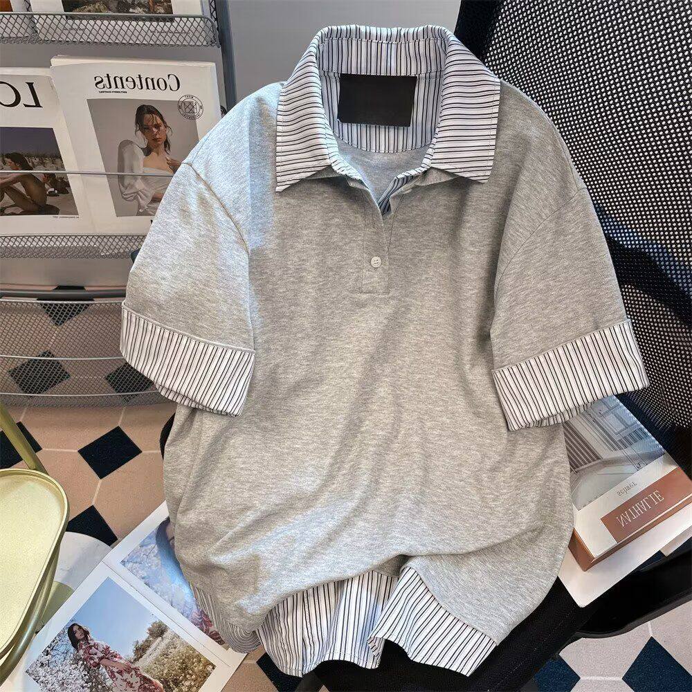美式学院风polo衫宽松短袖t恤女夏季条纹假两件翻领灰色上衣