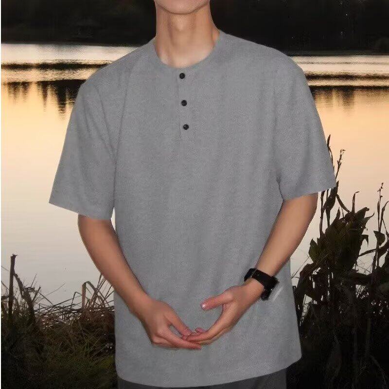 华夫格亨利领重磅短袖t恤男夏季美式新款潮牌高级感休闲五分半袖