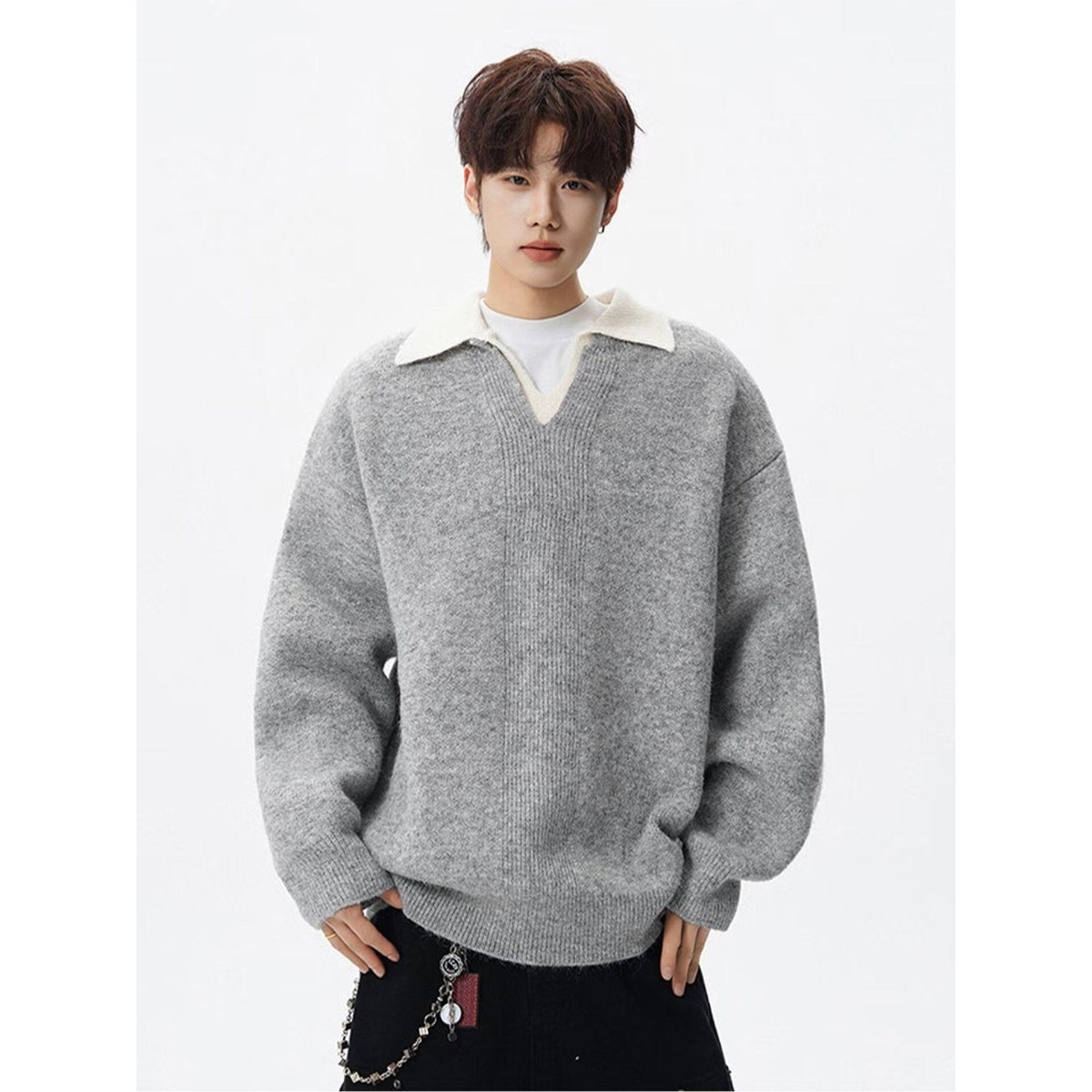 假两件衬衫领毛衣男秋装新款内搭慵懒风撞色翻领灰色针织衫上衣