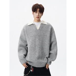 假两件衬衫领毛衣男秋装新款内搭慵懒风撞色翻领灰色针织衫上衣