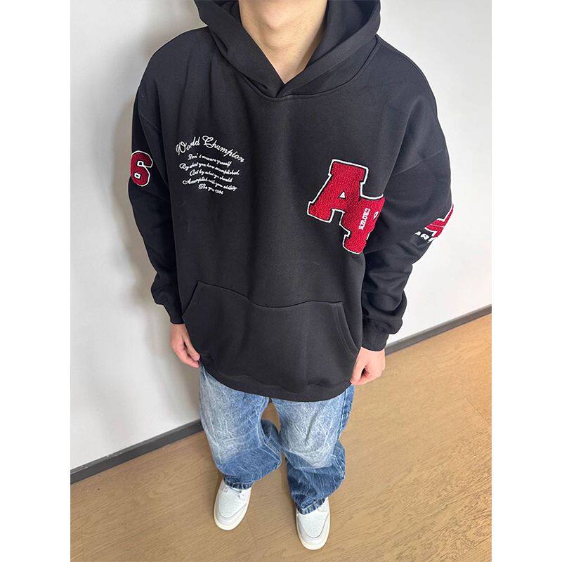 美式高街重工字母刺绣植绒连帽卫衣男加绒加厚宽松国潮牌外套ins