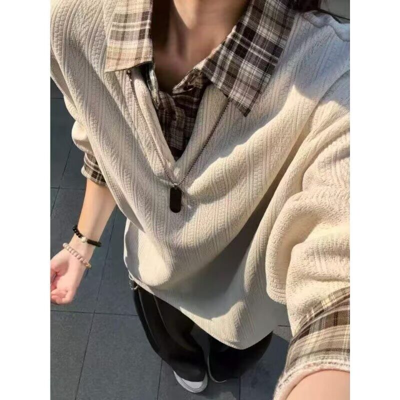 大码假两件拼接翻领长袖卫衣女秋装胖MM遮肉显瘦休闲百搭上衣