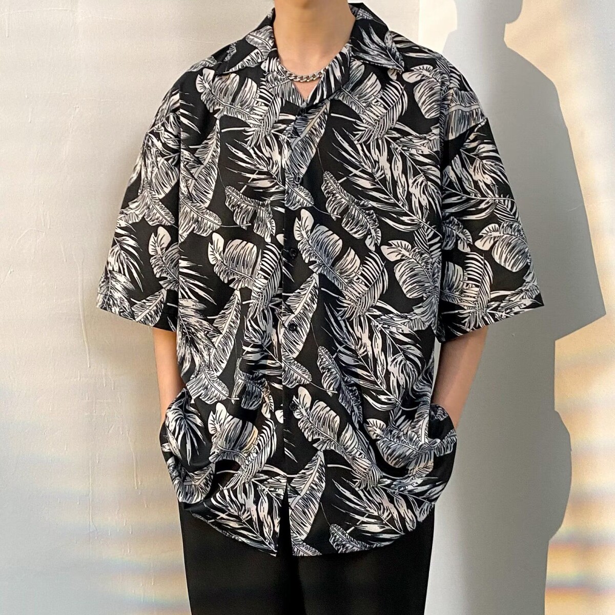 夏季ersize帅气垂感树叶纹短袖衬衫男韩版宽松落肩衬衣