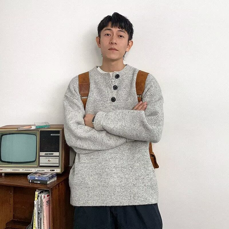 秋冬新款亨利纽扣毛衣美式复古休闲慵懒风V领针织衫男纯色外套潮