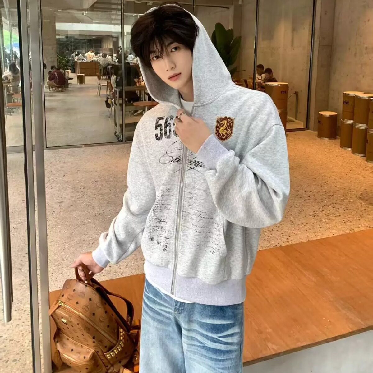 美式复古徽章字母印花连帽拉链开衫做旧卫衣男女短款宽松外套春秋