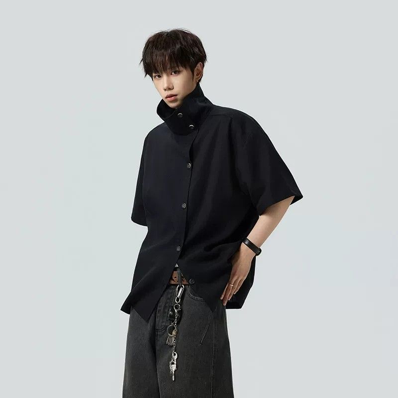 美式复古短袖衬衫女夏季设计感小众宽松立领男女款半袖衬衣上衣潮
