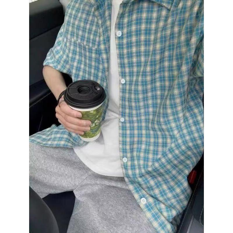 美式潮牌格子短袖衬衫男女春夏季复古宽松情侣休闲高级感衬衣外套
