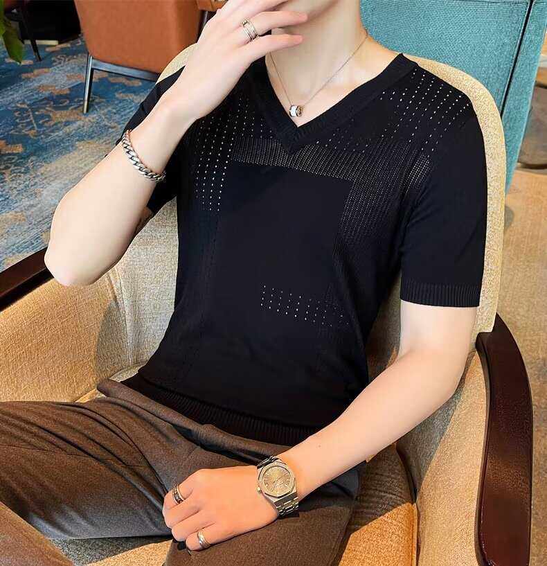 夏季冰丝镂空男针织t恤短袖