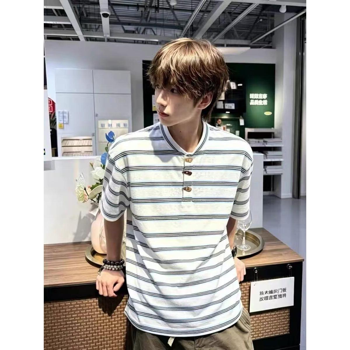 夏季新款条纹男士短袖POLO衫休闲菠萝纹T恤时尚宽松翻领男装