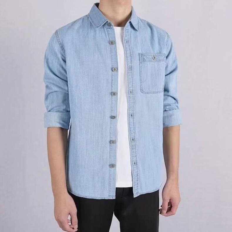春季薄款浅色牛仔衬衫外套男宽松日系复古水洗牛仔百搭牛仔衣潮流