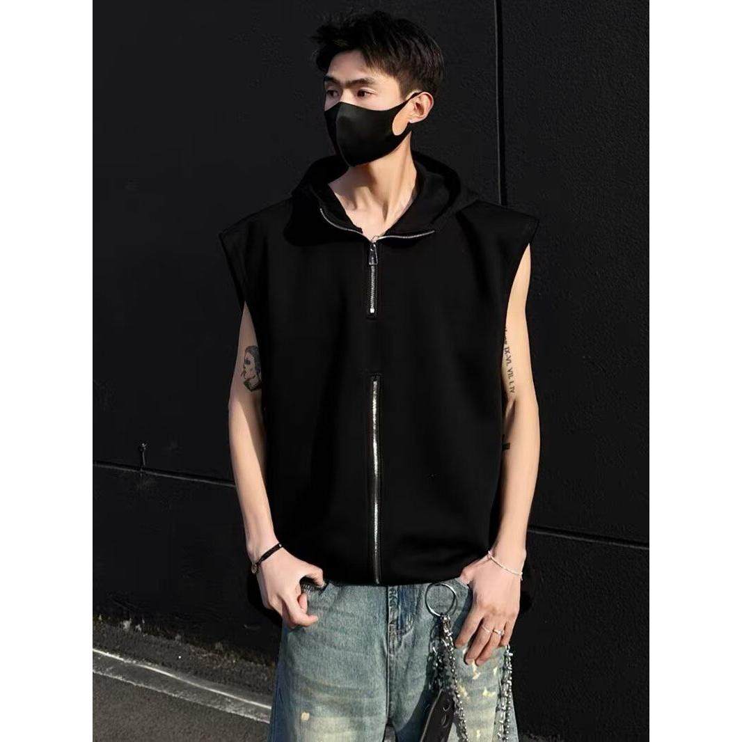 春秋无袖大码连帽运动马甲男潮修身帽衫薄款健身背心开衫外套