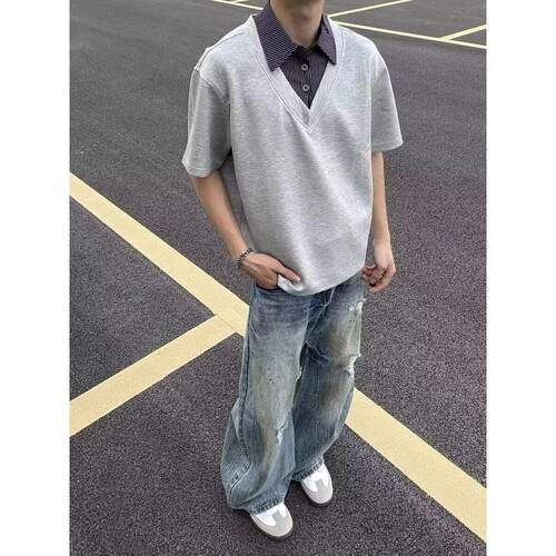 NO美式假两件衬衫领短袖T恤男女夏季宽松休闲潮牌打底上衣
