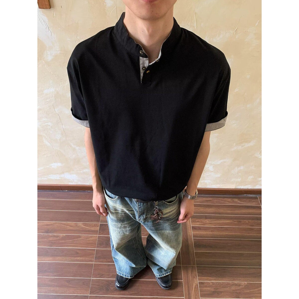 夏季男士短袖t恤男V领半袖立领体恤Polo衫男装韩版修身休闲衫