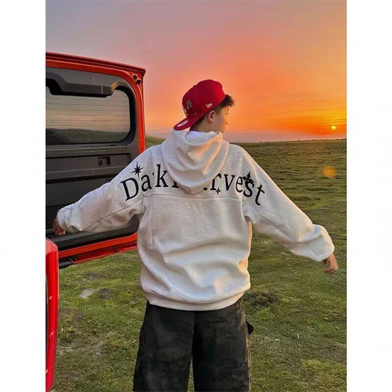 2026新款美式设计感刺绣拼接连帽卫衣男宽松套头小众高级上衣