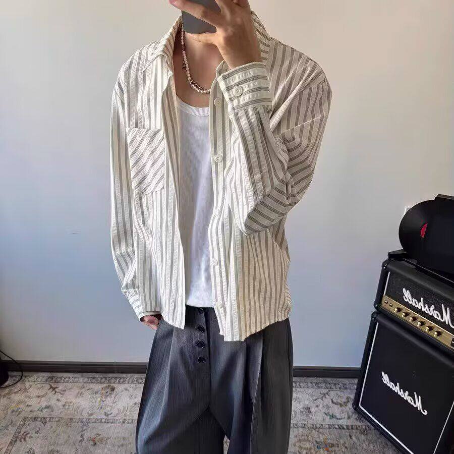 条纹长袖衬衫男款秋冬2026男生日系休闲日系港风ins宽松衬衣外套