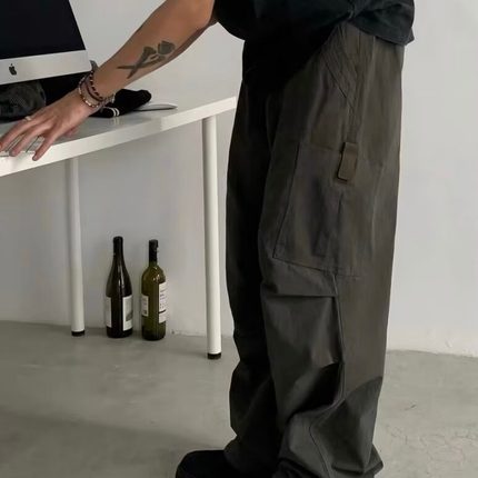 美式高街工装裤男春秋季多口袋潮牌宽松直筒阔腿休闲百搭长裤子