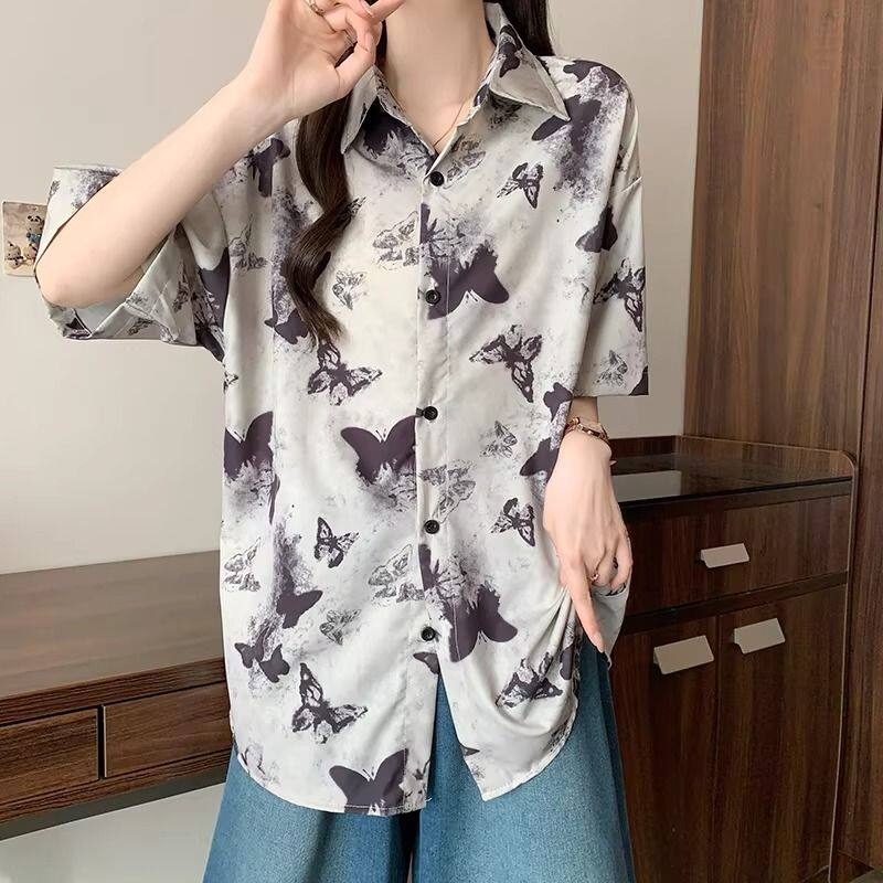 2026年新款复古蝴蝶满印短袖衬衫女夏季垂感百搭水墨印花翻领衬衣