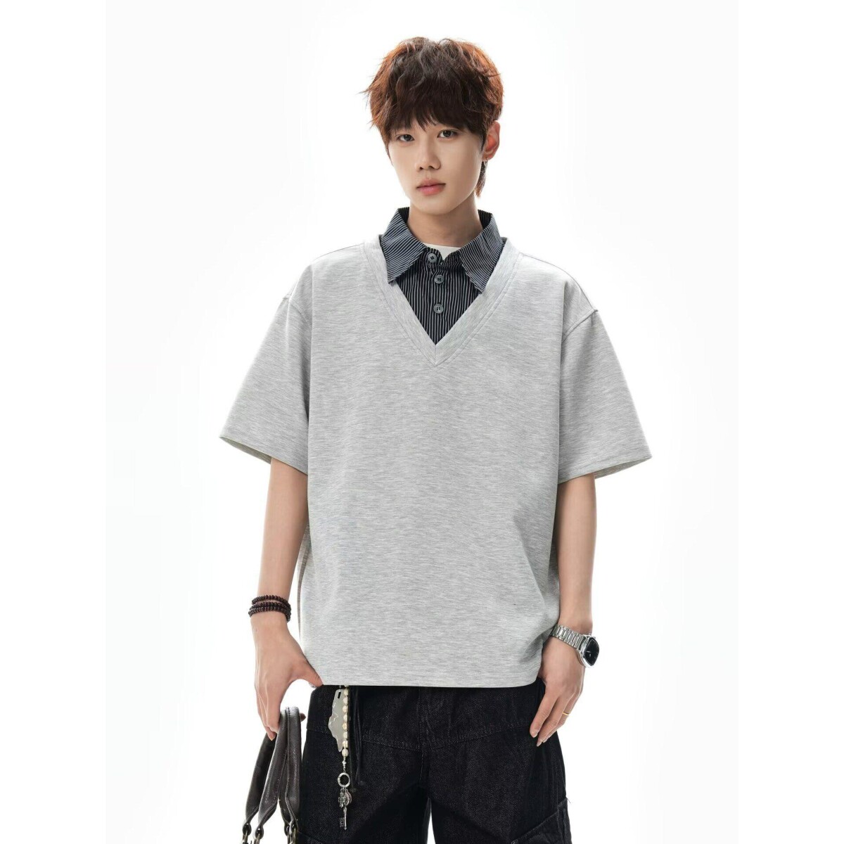 浅灰色假两件格子polo衫短袖t恤男款夏季潮牌美式复古拼接衬衫领