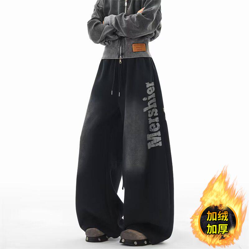 美式复古2025水洗嘻哈弯刀拖地裤字母印花爵士做旧阔腿休闲运动裤