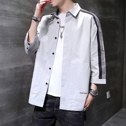 衬衫男士夏季薄款韩版潮流七分短袖工装衣服男潮宽松百搭休闲外套