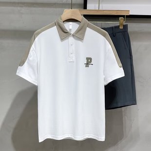帅气短袖 夏季 领设计感拼接商务半袖 潮牌polo衫 t恤上衣 男痞帅衬衫