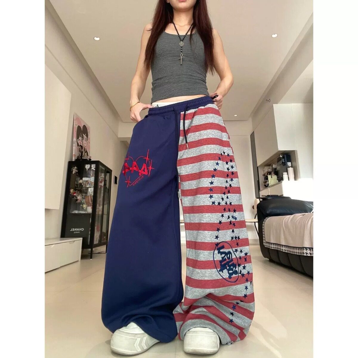 美式字母刺绣撞色条纹卫裤男女秋季hiphop休闲裤宽松垂感阔腿裤子