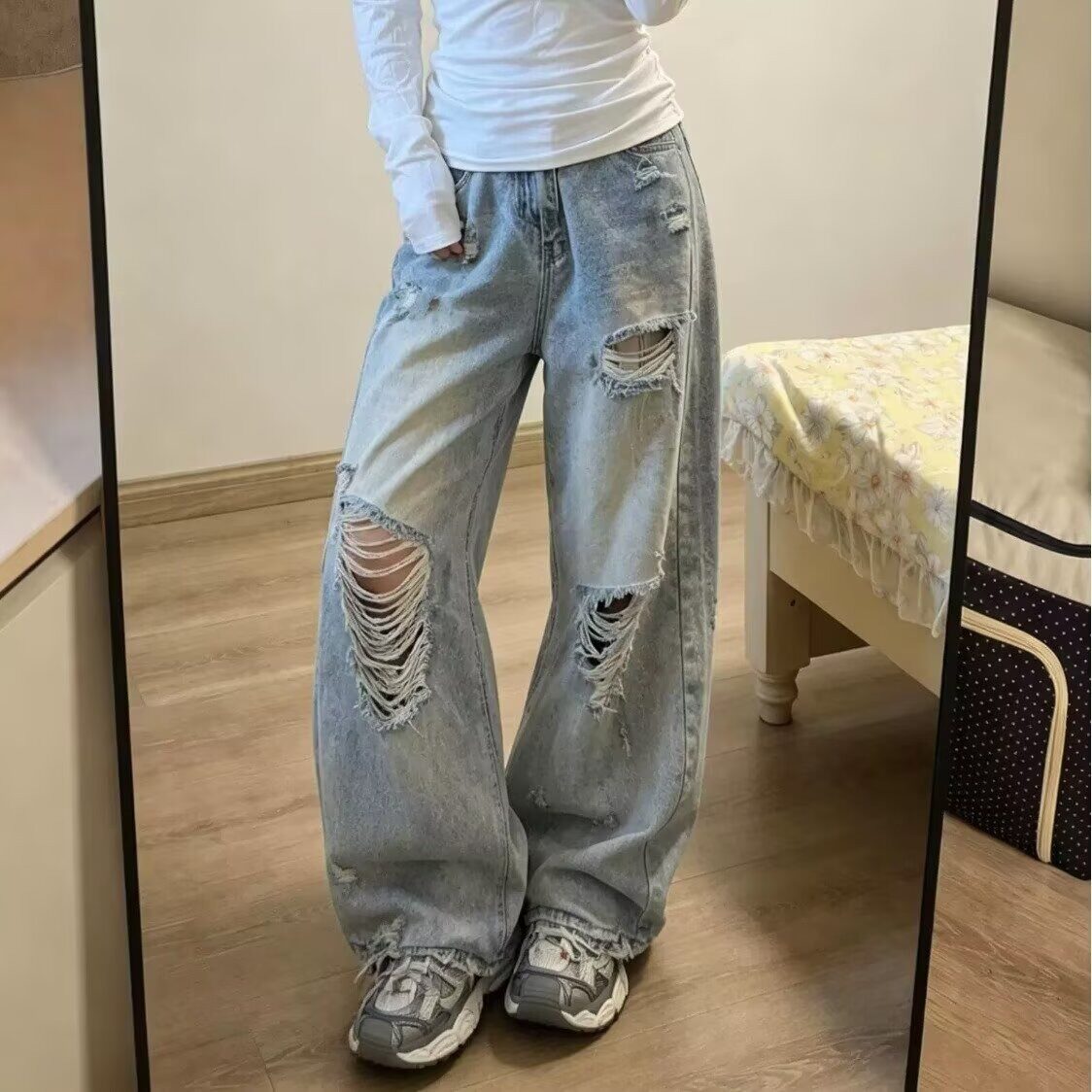 平价高配美式潮流街头辣妹乞丐破洞牛仔裤子vibe高街复古宽松显瘦