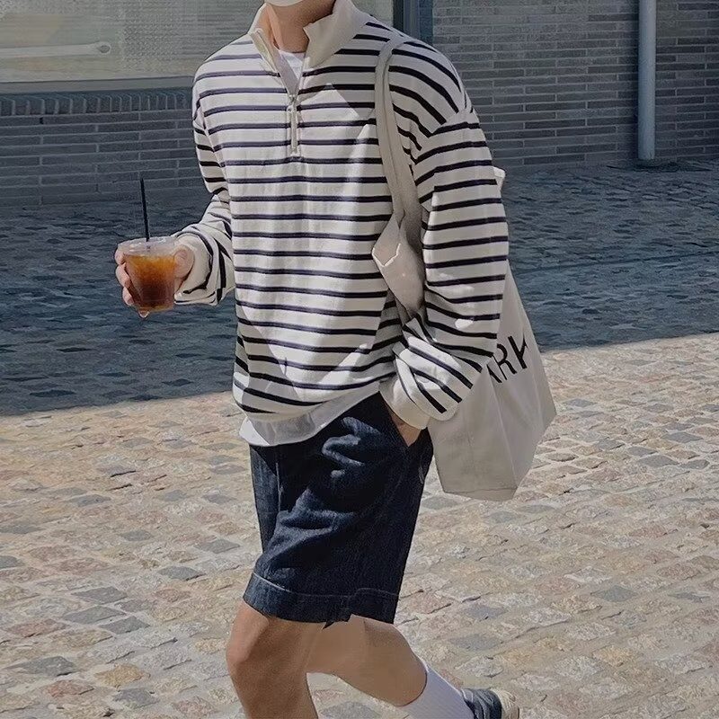 秋新男士立领条纹套头学生情侣宽松卫衣外套青少年潮男装韩版潮流