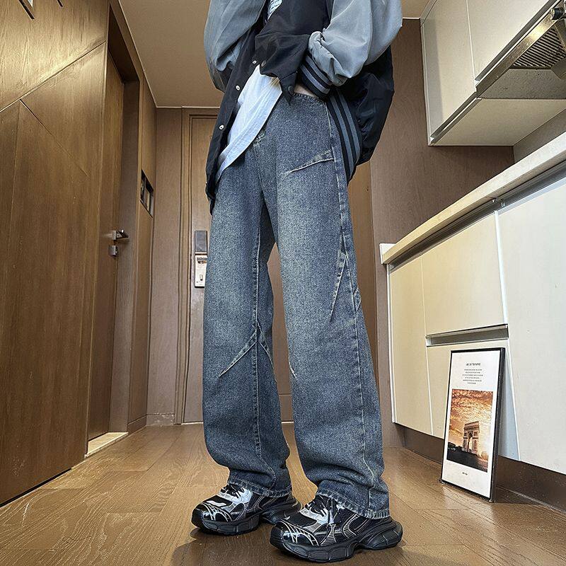 水洗复古蓝色牛仔裤男款美式vibe风高街裤子潮流垂感宽松直筒