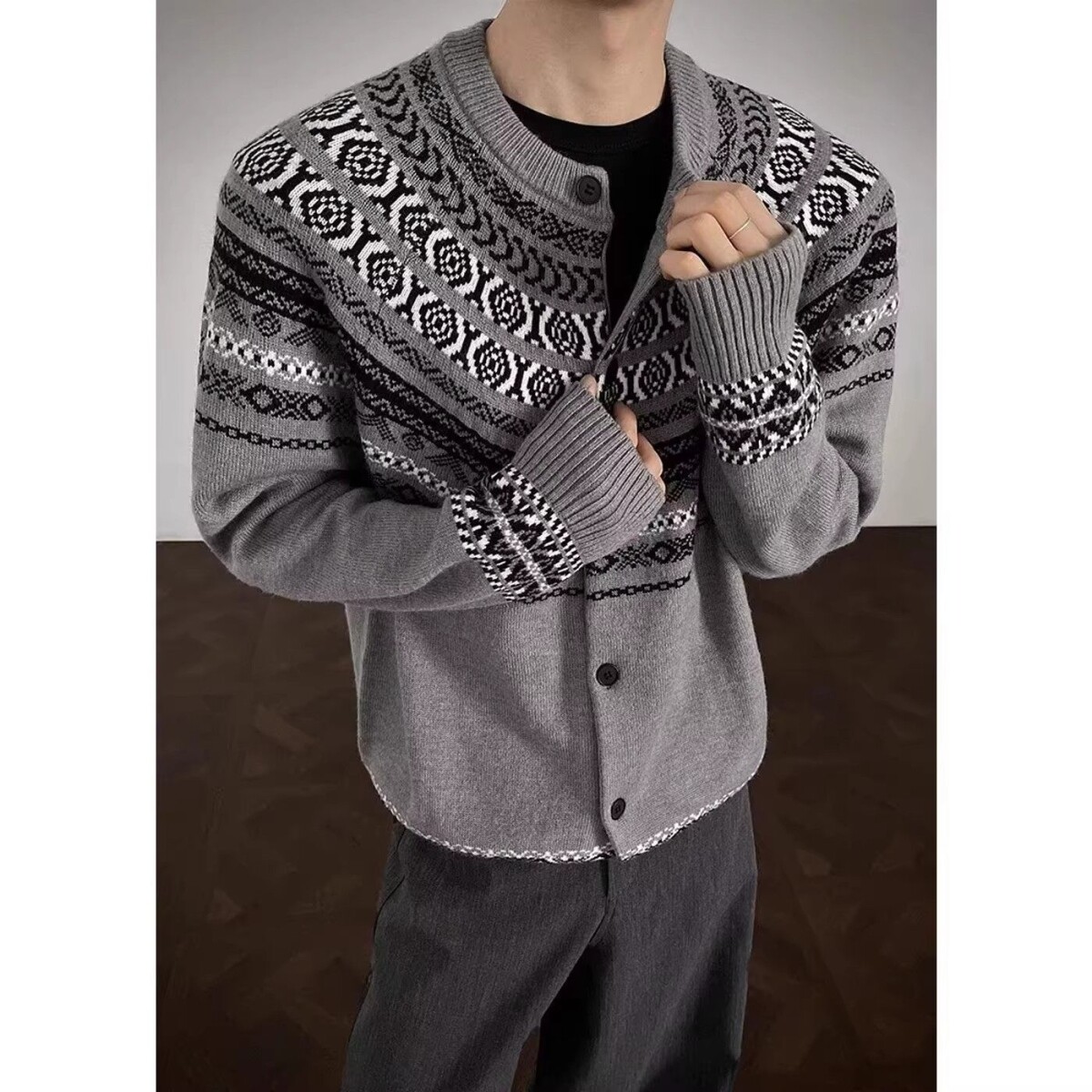 灰色美式费尔岛提花针织衬衫男女秋冬外套慵懒松弛感穿搭毛衣开衫