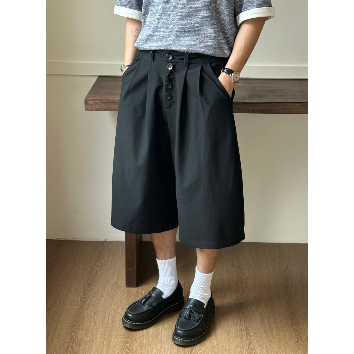 夏季立体打褶排扣阔腿七分西裤男垂感宽松休闲设计感老钱西装短裤