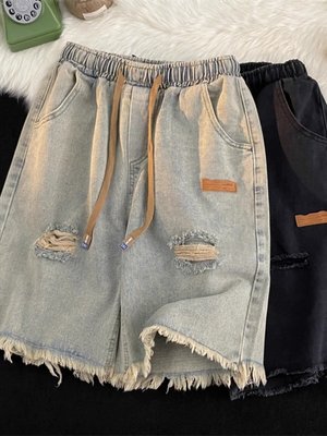 2024夏季薄款宽松复古松紧腰水洗毛边破洞牛仔短裤男女阔腿五分裤