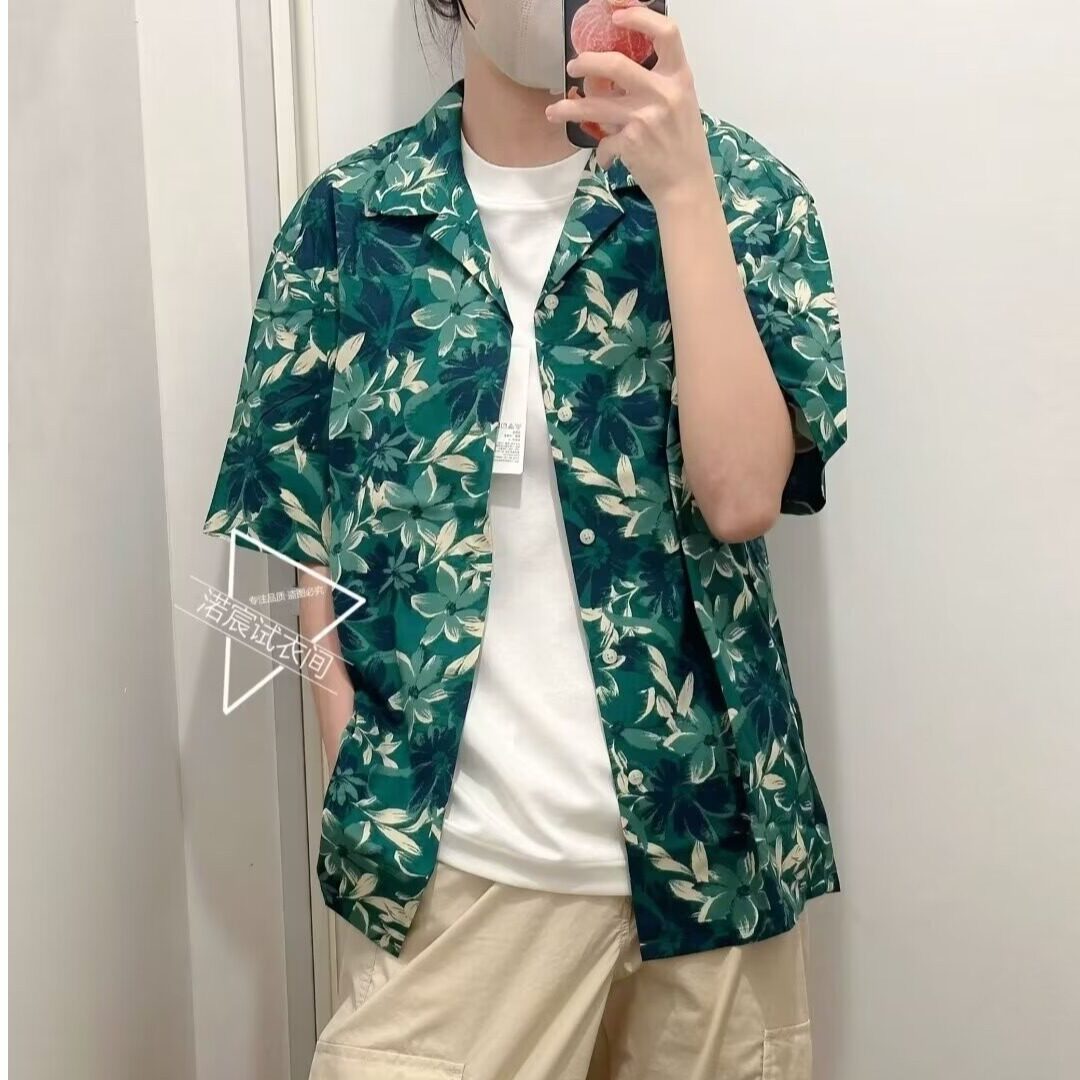 夏威夷衬衫短袖男夏季日系复古休闲原宿港风满印花五分袖衬衣开衫