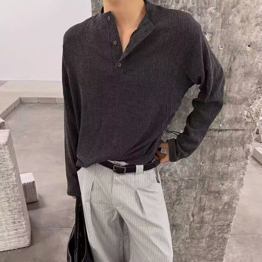 深灰色亨利领长袖t恤男秋季抽绳美式复古正肩polo卫衣内搭打底衫