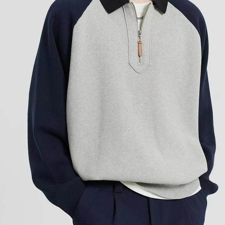 2025年秋冬季新款半拉链翻领毛衣男韩版宽松休闲拼接撞色套头针织,男装,卫衣,淘宝优惠券,粉丝福利购,淘宝优惠卷