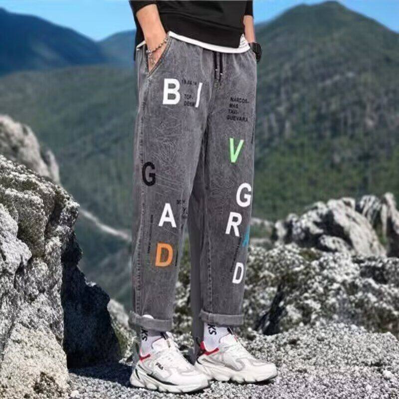 休闲裤男秋季新款韩版潮流宽松九分裤渐变字母印花束脚哈伦牛仔裤