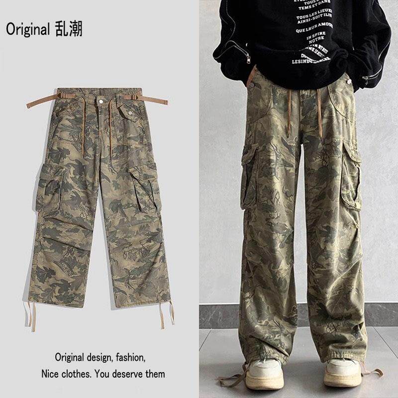 美式复古迷彩口袋工装裤男高街hiphop嘻哈牛仔阔腿休闲裤子ins潮
