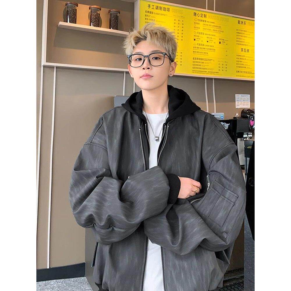 美式假两件连帽夹克男冬季潮大码PU皮外套高街百搭上衣男款