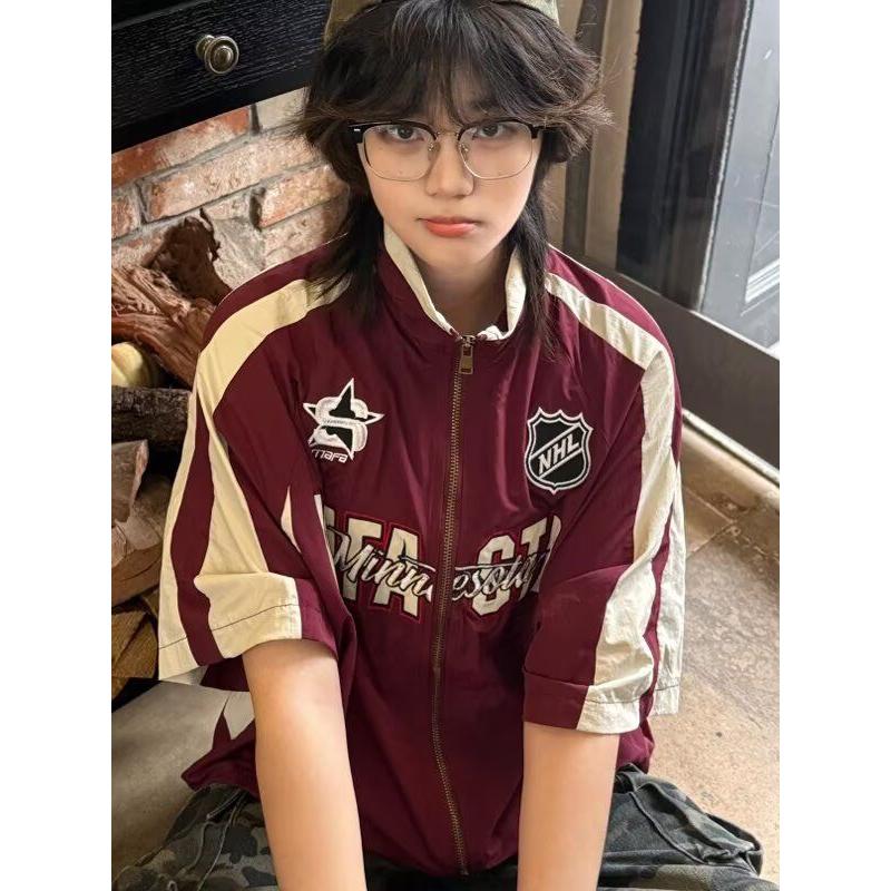 美式潮牌短袖衬衫男生高街立领插肩机能风情侣复古机车服拉链开衫
