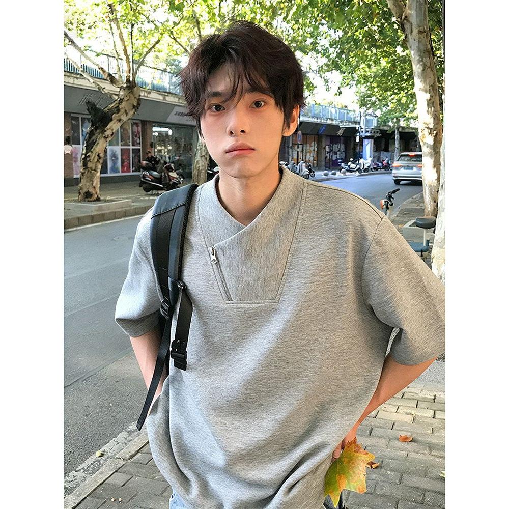 夏季设计感立领t恤浅灰色重磅斜拉链正肩短袖男款cleanfit半截袖