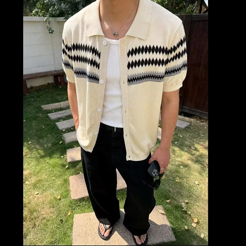 翻领短袖polo衫男潮牌夏t恤韩版修身潮流针织费尔岛百搭体恤上衣