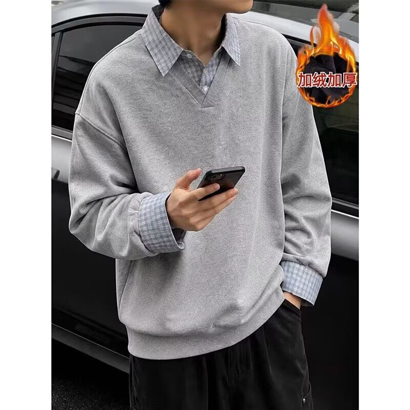 美式休闲POLO领秋冬加绒卫衣男女简约百搭纯色宽松长袖上衣服潮