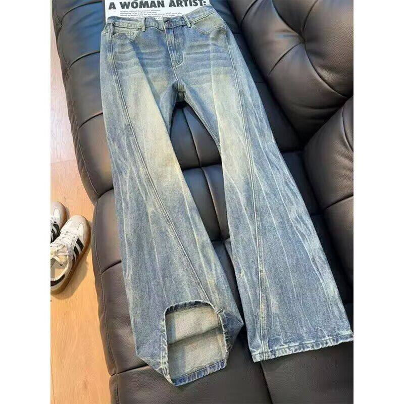 设计感重工铆钉微喇牛仔裤男2026秋季新款褶皱高腰显瘦弹力喇叭裤