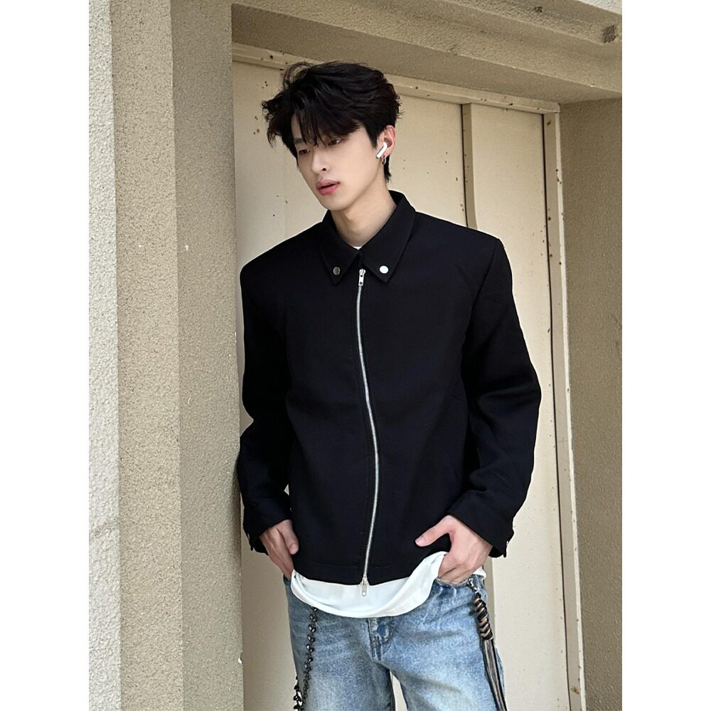 美式cleanfit短款外套男高级感痞帅春秋款行政夹克黑色翻领棒球服