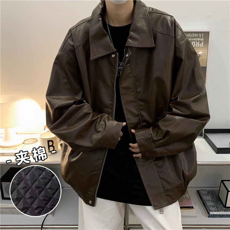 美式复古机车pu皮衣外套男女夹棉加厚痞帅百搭高级感翻领夹克上衣