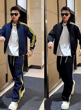 潮牌三条杠棒球服夹克男士运动春秋季薄款复古情侣休闲外套套装
